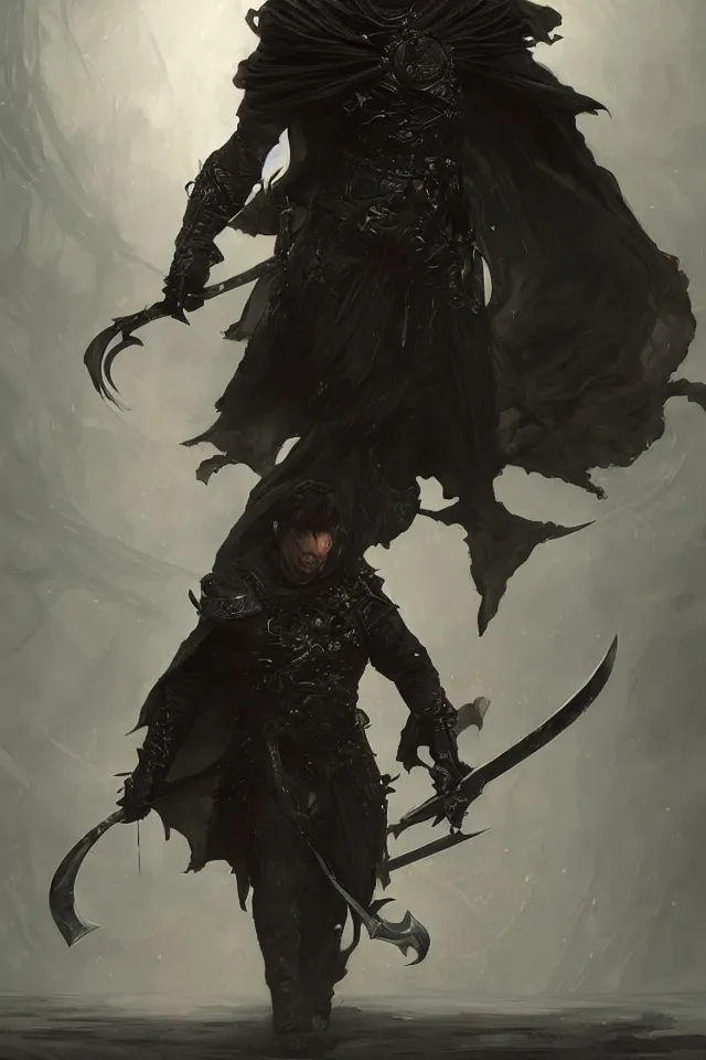 Prompt: the torturer Severian from Book of the New Sun by gene wolfe holds his sword and wears his darkest black cape, D&D, fantasy, intricate, highly detailed, oil painting, artstation, Greg Rutkowski, Artgerm, Alphonse Mucha, WLOP