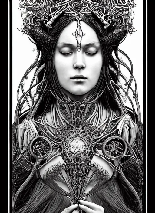 Image similar to beautiful priestess girl tarot card portrait, biomechanical, intricate artwork masterpiece, majestic, elden ring cinematic lighting, volumetric 8 k, by apollonia saintclair, josan gonzalez, zdizslaw beksinski, edmund leighton, kilian eng, trending on cgsociety, 8 k