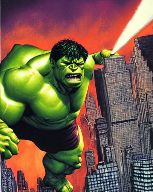 Prompt: a portrait of the incredible hulk looking angry in new york city by joe jusko. dramatic lighting.