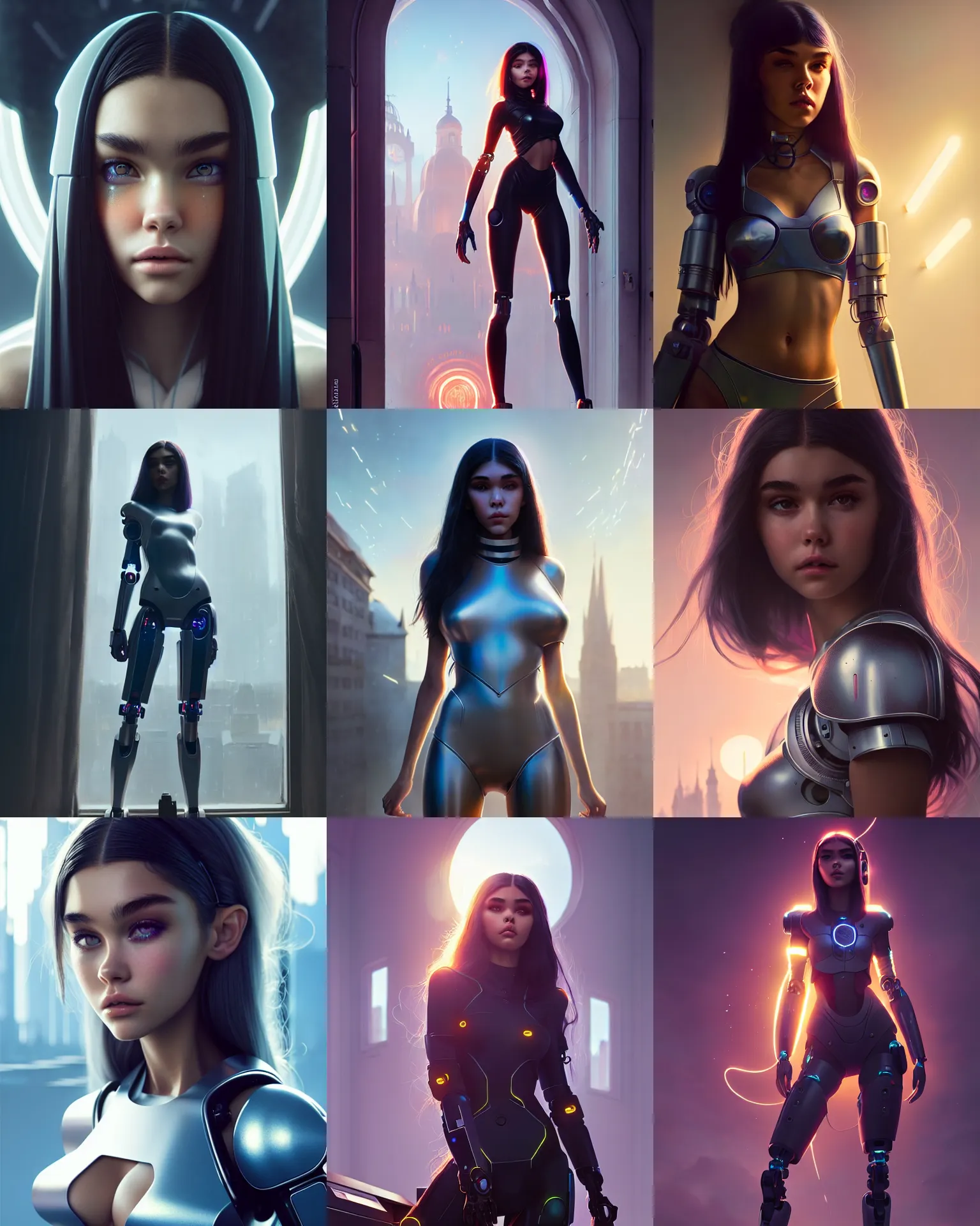 Prompt: a photo of madison beer : : college woman : : as far - future ukrainian cyborg woman by weta : : by greg rutkowski, wlop, rossdraws, artgerm, pixar, unreal engine, glossy skin, pearlescent, chrome, 4 k, hdr, bright morning, : :