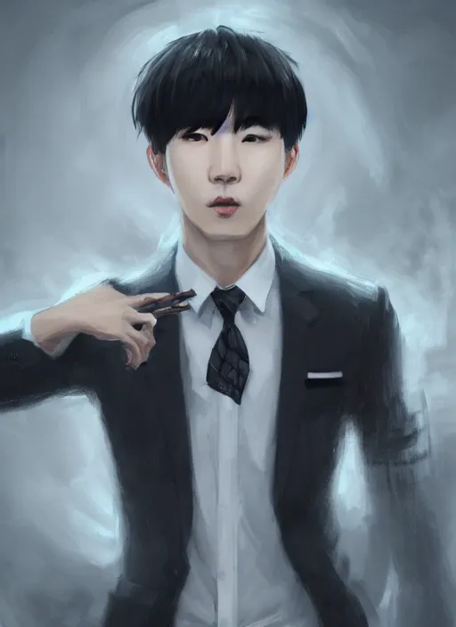 Image similar to a highly detailed illustration of attractive korean man with bowl cut black hair wearing shirt and tie with giant black claws, wielding giant black fog claws pose, tired expression, foggy black mist surrounding background, intricate, elegant, highly detailed, centered, digital painting, artstation, concept art, smooth, sharp focus, league of legends concept art, wlop.