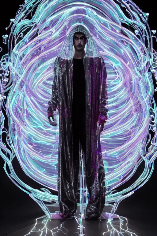 Image similar to full-body baroque and cyberpunk style neon statue of a attractive translucent Zayn Malik as a humanoid deity wearing a thin see-through plastic hooded cloak sim roupa, posing like a superhero, glowing white face, crown of white lasers, large diamonds, swirling white silk fabric. futuristic elements. oozing glowing liquid, full-length view. space robots. human skulls. throne made of bones, intricate artwork by caravaggio. Trending on artstation, octane render, cinematic lighting from the right, hyper realism, octane render, 8k, depth of field, 3D