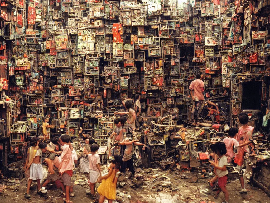 Prompt: closeup 1 9 8 8 photo of : inside the labyrinthine “ kowloon walled city ”, children are playing colorful video games in a narrow cramped dense indoor arcade. the arcade is full of industrial machinery, and is tattered and dirty. full - color professional journalistic photography from “ time ” magazine.