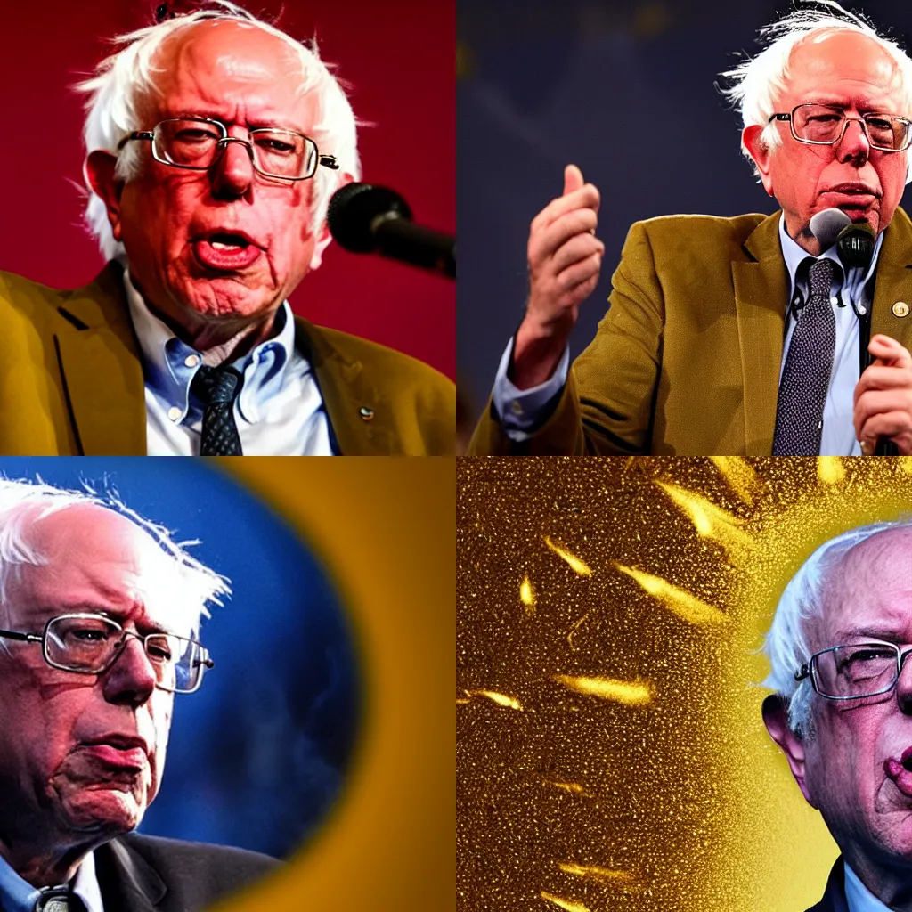 Prompt: bernie sanders covered in golden aura, golden spiky hair,