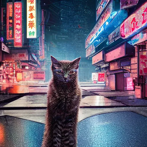 Prompt: Cyberpunk FantasyCore Kowloon cat freezing in the rain, background of neon electronic signs, digital billboards, rendered in Lumion Pro, Autodesk Solidowkrs Visualize, Maya, and Cinema 4D by Iwan Baan, Greg Rutkowski, Ted Gore, Dustin Lefevre, and Jaya Su Berg, trending on artstation, cgsocciety r/art