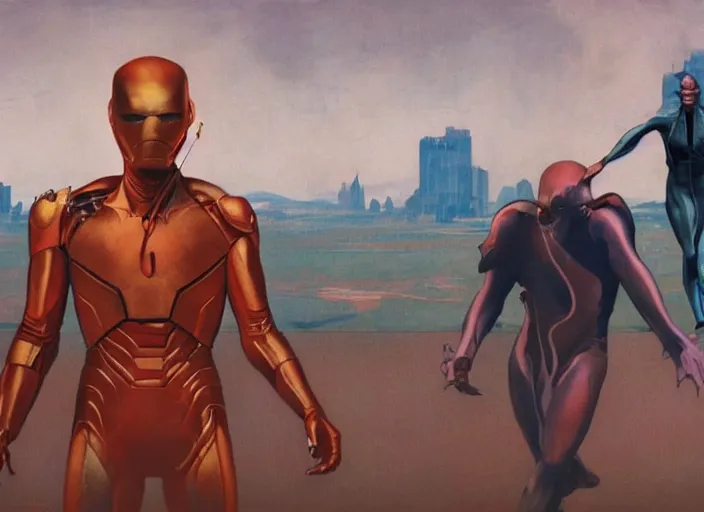 Prompt: a still from the movie avengers : infinty war of francis bacon and norman rockwell and james jean, a still from the movie the fly, and mark brooks, triadic color scheme, by greg rutkowski, syd mead and edward hopper and norman rockwell and beksinski, dark surrealism, orange and turquoise