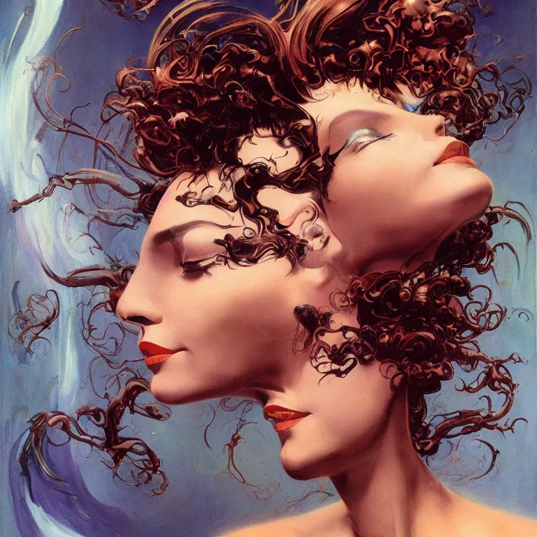 Image similar to portrait of a woman with swirling hair and fractal skin by frank frazetta, retrofuturism, psychedelic art reimagined by industrial light and magic