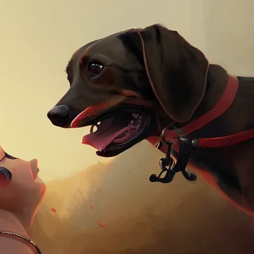 Prompt: dachshund, by greg rutkowski, artgerm, ross tran, conrad roset, takato yomamoto, ilya kuvshinov. 4 k, beautiful, cinematic dramatic atmosphere