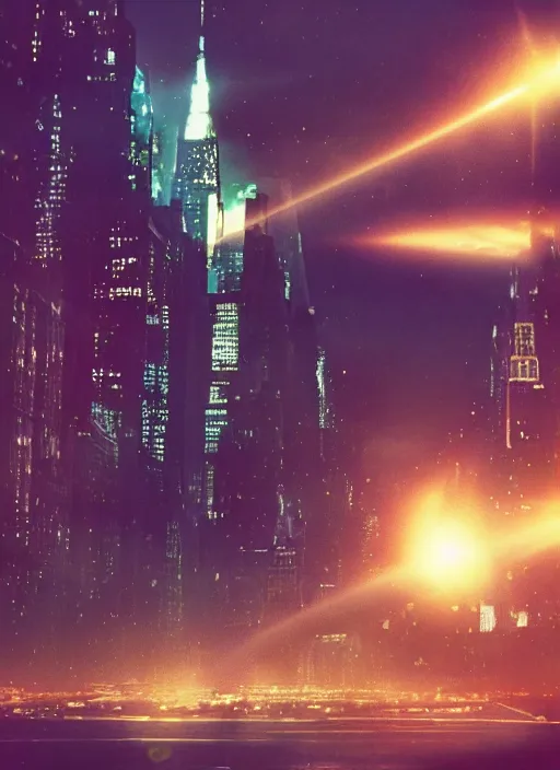 Image similar to a 3 5 mm photo of an alien spaceship destroying new york city, splash art, movie still, bokeh, canon 5 0 mm, cinematic lighting, dramatic, film, photography, golden hour, depth of field, award - winning, anamorphic lens flare, 8 k, hyper detailed, 3 5 mm film grain