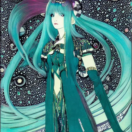 Prompt: hatsune miku, long teal hair, artwork by Harry Clarke, highly detailed