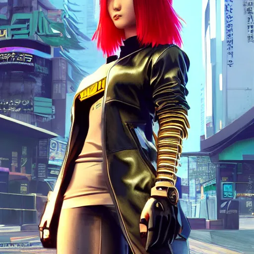 Prompt: a full body illustration of an Japanese female cyberpunk character with red hair, cyberpunk 2077 concept art, wearing oversized gold techwear jacket revealing tank top underneath, torn punk leather pants, highly detailed, soft lighting, by Stanley Artgerm Lau, WLOP, Rossdraws, James Jean, Andrei Riabovitchev, Marc Simonetti, and Sakimichan, HD, 4K