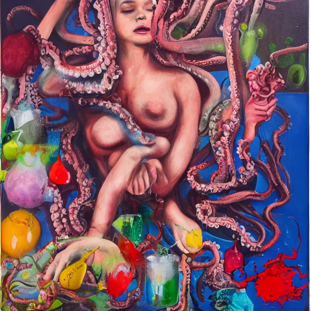 Prompt: brushstrokes, portrait of a female art student falling asleep, scientific research, crashcart, x - ray, sensual, blossom, squashed berries dripping, octopus, candlelight, neo - impressionist, surrealism, acrylic and spray paint and oilstick on canvas