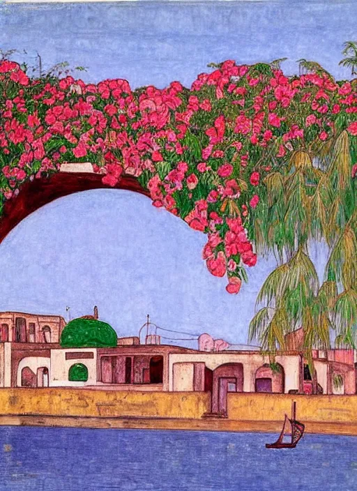 Prompt: ahwaz city in iran with a through arch bridge on local river, 3 boat in river, 2 number house near a lot of palm trees and bougainvillea, hot with shining sun, painting by egon schiele