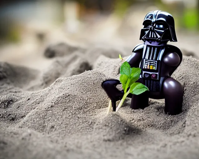 Image similar to 8 5 mm food photography of darth vader playing with toys near a garden with sand with dof and bokeh and flowers o