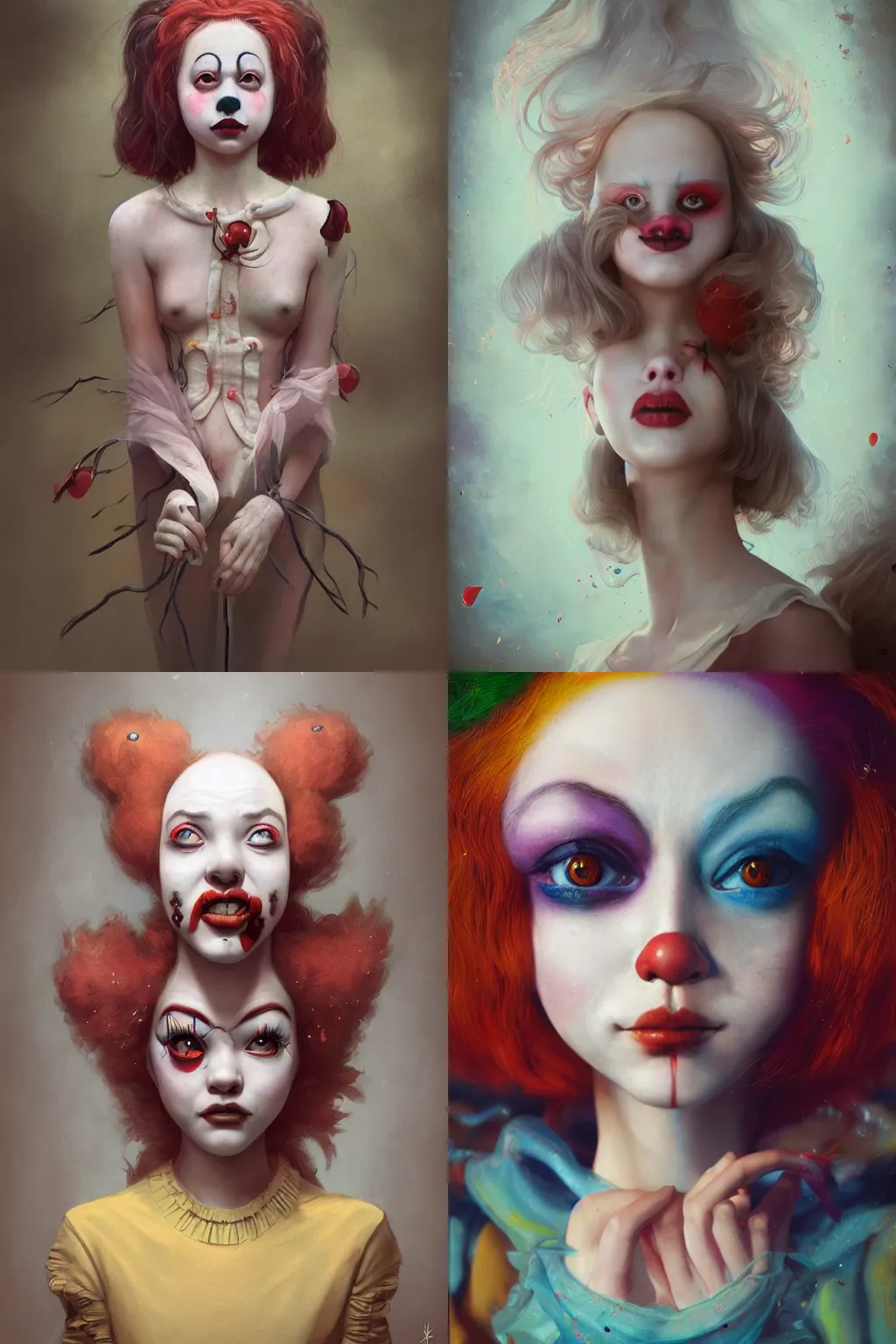 Prompt: breathtaking detailed painting of clown girl , with anxious, piercing eyes, Atari game cover art by Hsiao-Ron Cheng, James jean, Miho Hirano, Hayao Miyazaki, extremely moody lighting, hyperrealistic, octane render, RPG portrait, ambient light, dynamic lighting