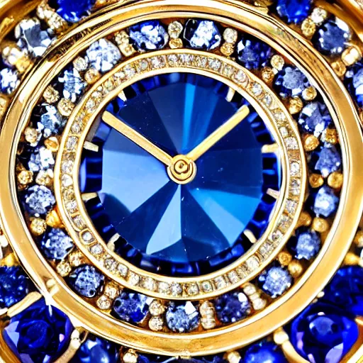 Image similar to close up of a sapphire and gold wrist watch, intricate, complex, high detail