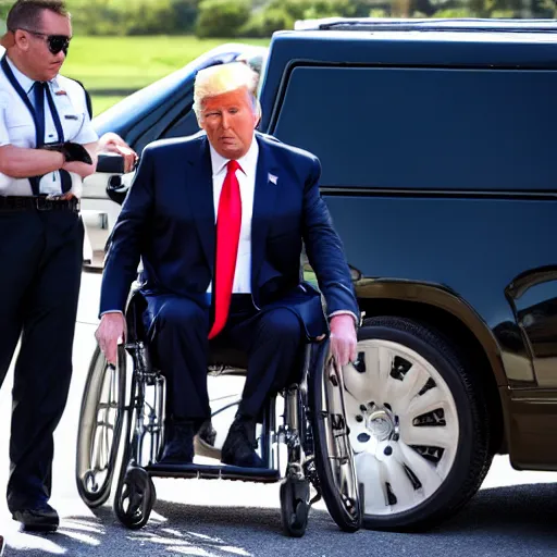 Prompt: donald trump in a wheelchair next to handicap van, surrounded by secret service agents, photograph, paparazzi, high resolution, 4 k - n 9