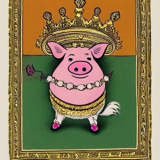 Prompt: a pig wearing a gold crown in the style of R. K. Laxman