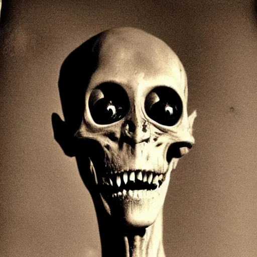 Prompt: humanoid with crooked teeth, two shallow black eyes, long open black mouth, alien looking, big forehead, horrifying, killer, creepy, sepia tint, long open black mouth, dead, looking straight into camera, realistic, slightly red, long neck, boney, monster, tall, skinny, skullish, deathly, in the style of alfred kubin