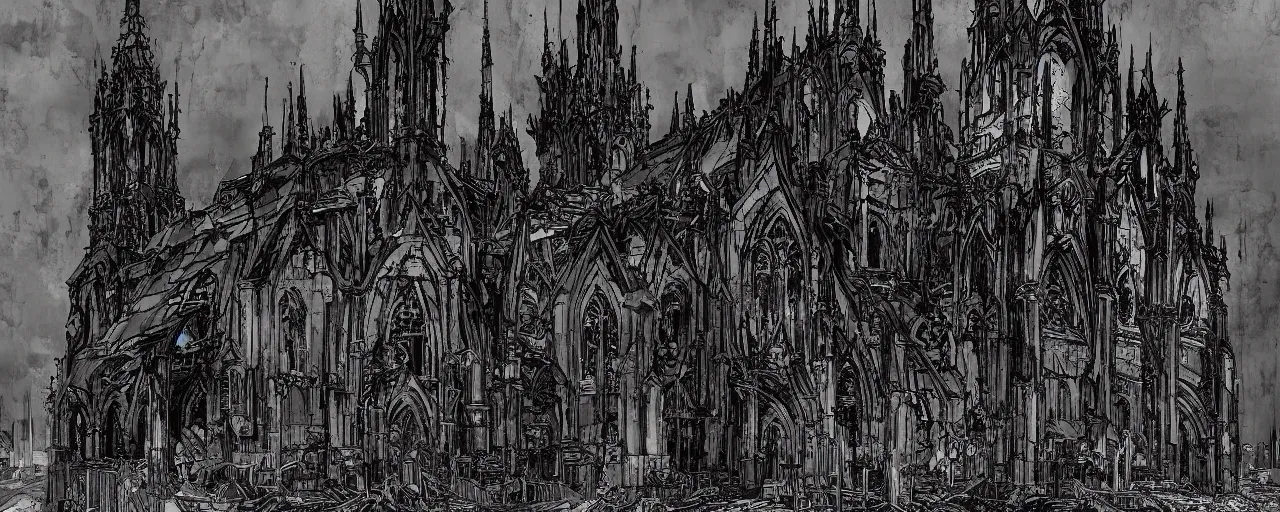 Image similar to gothic church, megalopolis, destroyed city, ultra detailed, miura kentaro style, tsutomu nihei style,