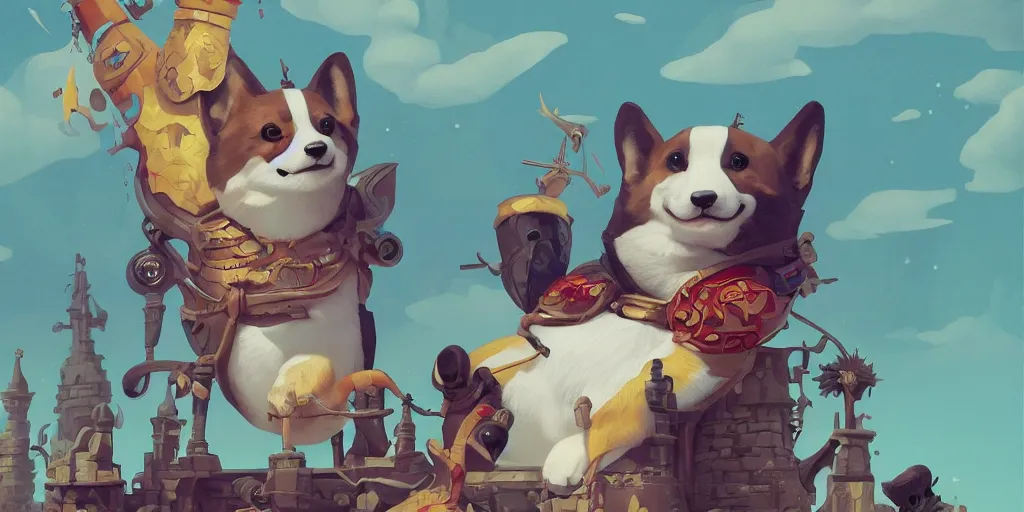 Prompt: Painting of a corgi king of shadow assassin cult chilling in his palace, by Goro Fujita, tristan eaton, Tom Bagshaw, Hayao Miyazaki, trending on Artstation, 8k, masterpiece, graffiti paint, fine detail, full of color, intricate detail, corgi, fantasy painting