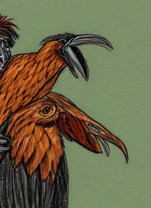 Prompt: drawing of a man hugging a hoatzin bird