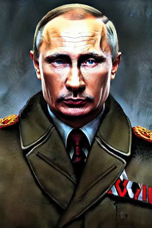 Image similar to vladimir putin as hitler, realistic portrait, symmetrical, highly detailed, digital painting, artstation, concept art, smooth, sharp focus, illustration, cinematic lighting, art by artgerm and greg rutkowski and alphonse mucha