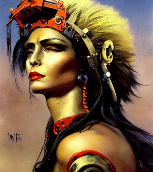 Image similar to mighty princess of the wasteland, scrap metal headdress, strong line, deep color, cloudy sky, beautiful! coherent! by brom, by frank frazetta, low angle