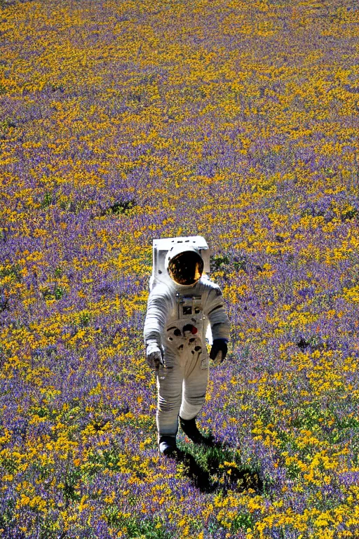 Image similar to The astronaut's back, next to it was a meadow full of bright flowers, bright，8K