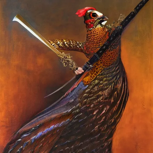 Prompt: a pheasant is girded with a belt, a sword hangs on the belt, by lily seika jones , rivuletpaper art, top cinematic lighting, cinematic mood, very detailed, shot in canon, by Viktor Vasnetsov, oil painting, harsh fairy tale, soft style, hyperrealism, beautiful, high resolution, trending on artstation, detailed sword