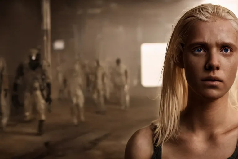 Image similar to still from a dystopian sci - fi movie, a young blond woman wearing a dirty tank top, exploring a dark dystopian lab, muted colors, very dark, medical equipment, 8 k, cinematic, dramatic lighting, very detailed face, hyperrealistic, movie still frame, promotional image, imax 7 0 mm footage