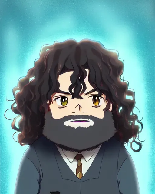 Prompt: Hagrid in cute anime style, Harry Potter movie style, detailed realistic beautiful, smooth, artistic, high quality, in style of Ghibli, artstation, CGI