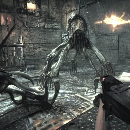 Image similar to a resident evil 5 game that has lovecraftian Giger creatures