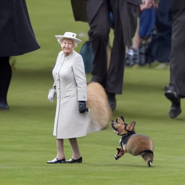 Image similar to photo of queen elizabeth riding a corgi like a horse on the lawn in front of buckingham palace, paparazzi photo, 4 0 0 mm f / 3. 5