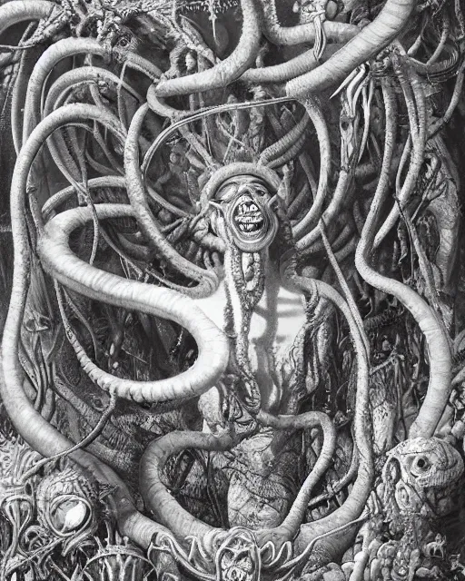 Image similar to highly detailed rendering of a smiling medusa in a primordial jungle cavern 8 k by ernst haeckel and hr giger and greg rutkowski