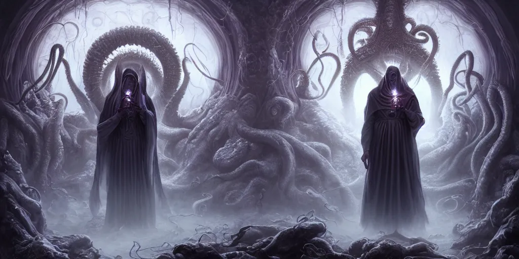 Image similar to ! dream 4 k photorealistic matte painting photography of circle group of necromancer priest in an invoking ritual in front of a viscosity cthulhu within a lovecraft portal, wide - angle portrait, atmospheric lighting, rich deep colors masterpiece, fractal crystals, fantasy portrait by tom bagshaw