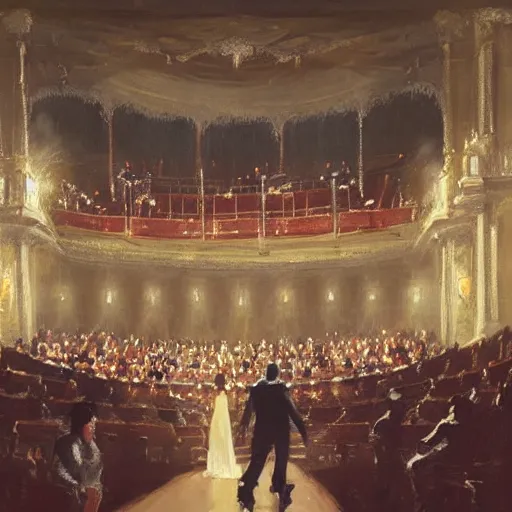 Image similar to painting by greg rutkowski, interior of an opera house with a singer in a white dress on a lighted stage with an orchestra and audience in the hall