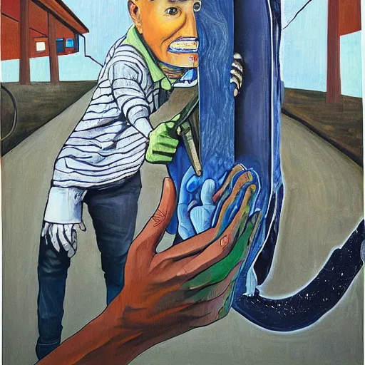 Image similar to A street art. A rip in spacetime. Did this device in his hand open a portal to another dimension or reality?! cutaway by Alice Neel frightful