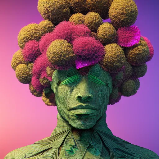 Image similar to an african marijuanna! shaman with an afro made of flowers, third eye art art by machina infinitum, complexity from simplicity, rendered in octane, mandelbulb 3 d, ambient occlusion, radiant lighting, macro photography, felt!!! texture, tribal, pastel! retrowave