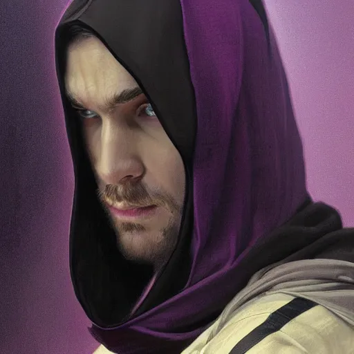 Image similar to ultra realistic illustration, man in a black hood, in a striped purple balaclava, mysterious, highly detailed, digital painting, artstation, concept art, smooth, sharp focus, illustration, art by artgerm and greg rutkowski and alphonse mucha