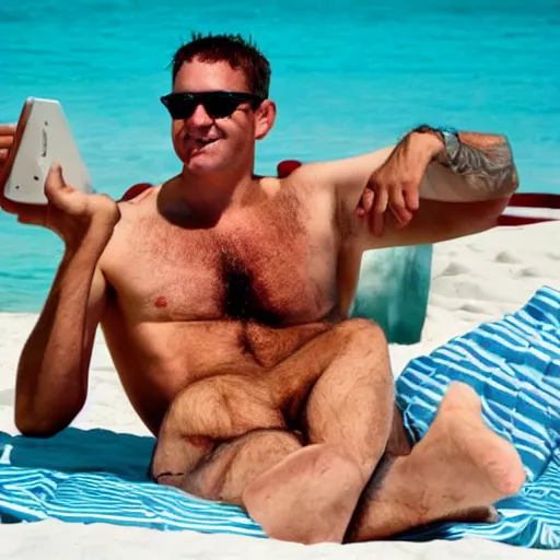 Prompt: photo of a 4 0 year old white man living the best life possible. he looks young for his age. women in bikinis are next to him, it's as if he were in a music video and didn't know it.