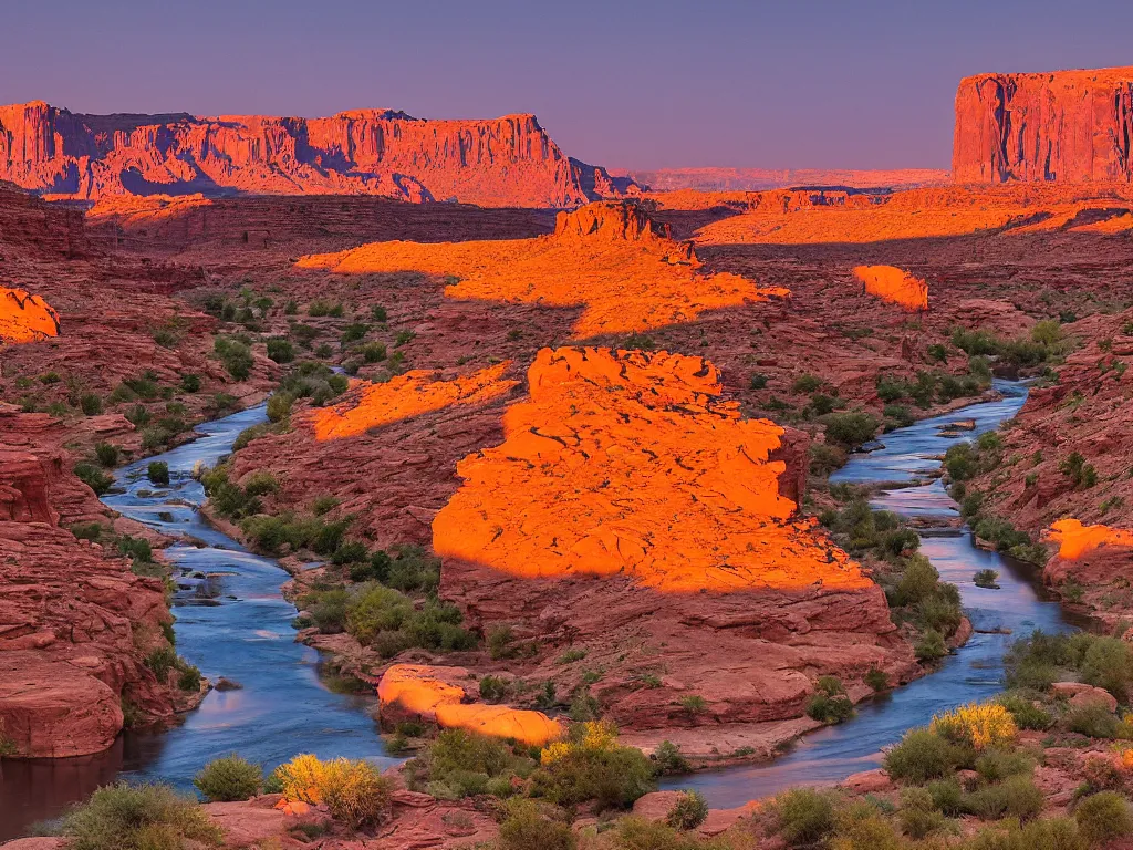 Image similar to “a river running through a canyon surrounded by desert mountains at sunset, moab, utah, a tilt shift photo by Frederic Church, trending on unsplash, hudson river school, photo taken with provia, national geographic photo, tilt shift”