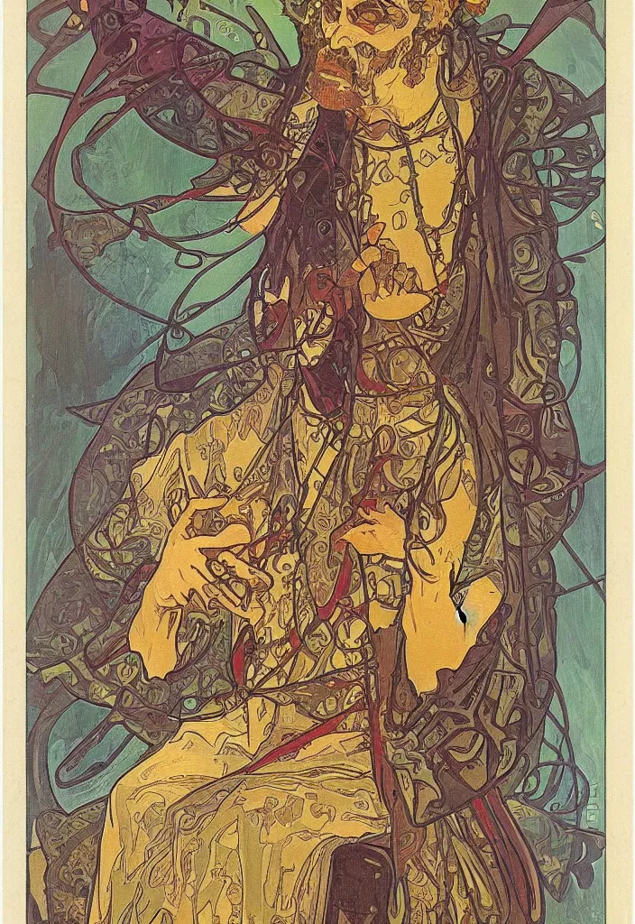 Image similar to Jurgen Schmidhuber as the Devil on a tarot card, tarot in art style by Alphonse Mucha