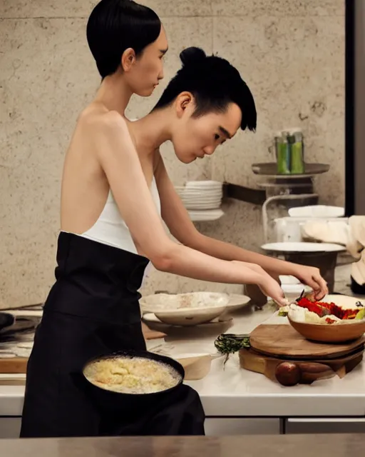 Image similar to wide shot photoshoot of tao okamoto preparing a meal, 8 k, photorealistic