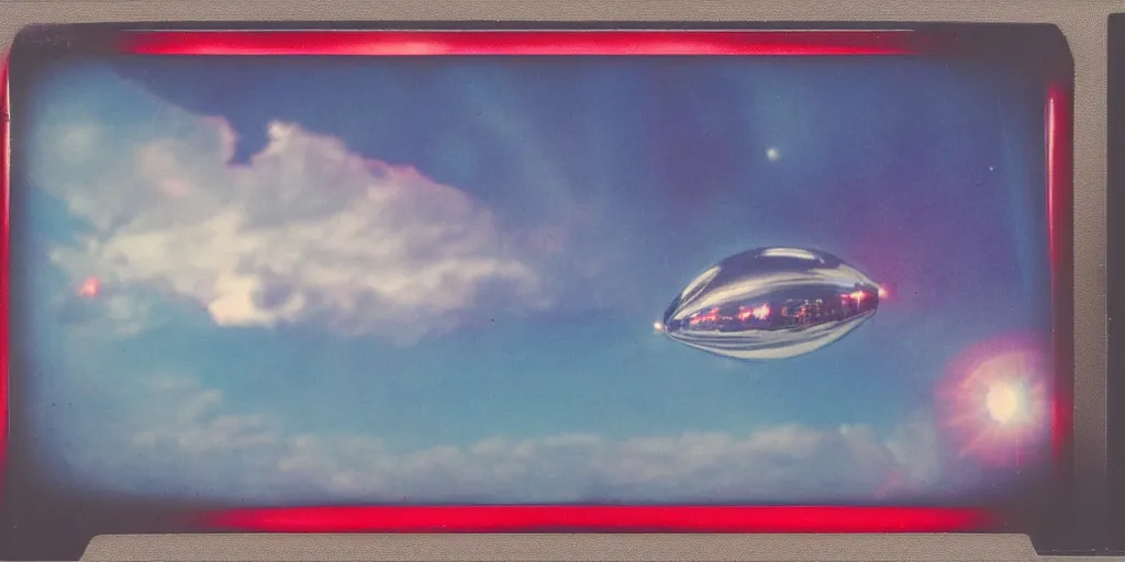 Prompt: analog polaroid portrait of a chrome zeppelin, Hajime Sorayama, sheen, red reflections, unreal engine, azure sky, big clouds visible, sunlight, reflection, sparkles, space, stars, nebula, lensflare, film grain, depth of field, color bleed