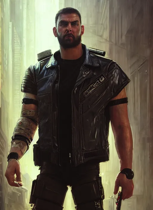 Image similar to big mike. cyberpunk professional wrestler wearing a military vest and combat gear. (Cyberpunk 2077, bladerunner 2049). Round face. Iranian orientalist portrait by john william waterhouse and Edwin Longsden Long and Theodore Ralli and Nasreddine Dinet, oil on canvas. Cinematic, hyper realism, realistic proportions, dramatic lighting, high detail 4k