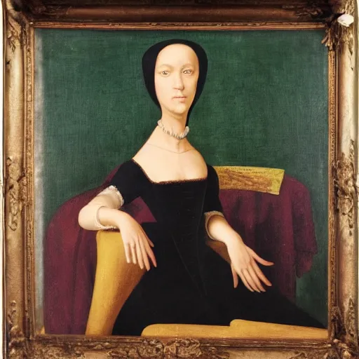 Image similar to the renaissance painting of a female anthropomorphic black fox, sitting and wearing a renaissance socialite dress