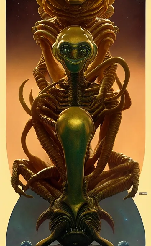 Image similar to exquisite imaginative alien creature poster art, humanoid, gold, movie art, by lucusfilm, weta studio, tom bagshaw, james jean, frank frazetta alphonso mucha, norman rockwell, giu, moebius, 8 k, denoised