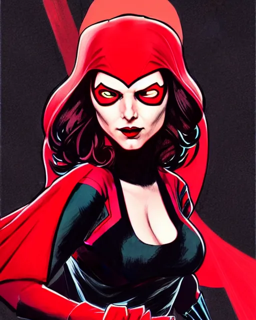 Prompt: rafael albuquerque comic art, peter mohrbacher, phil noto, artgerm, pretty evil elizabeth olson scarlet witch comics, black and red dress, symmetrical eyes