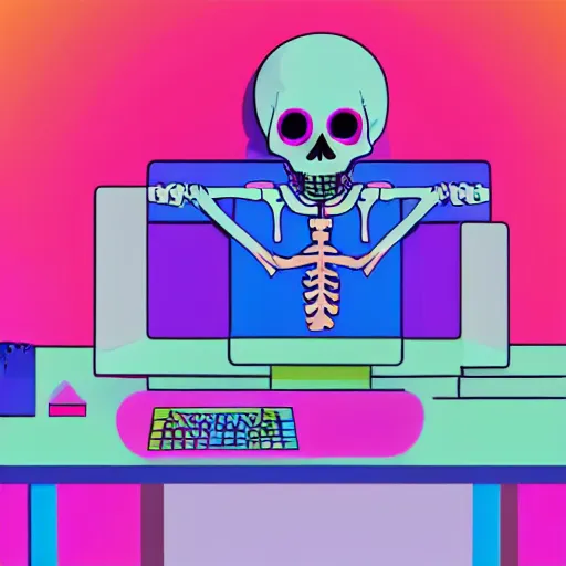 Image similar to a rainbow skeleton wearing a suit sitting at a desk typing on a computer, cute, colorful, pastel, digital ark, 4k, clean lines, well lit, office, neon, artstation,